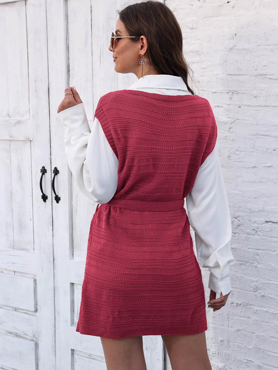 Tie Front V-Neck Sleeveless Slit Sweater Dress - Image 19