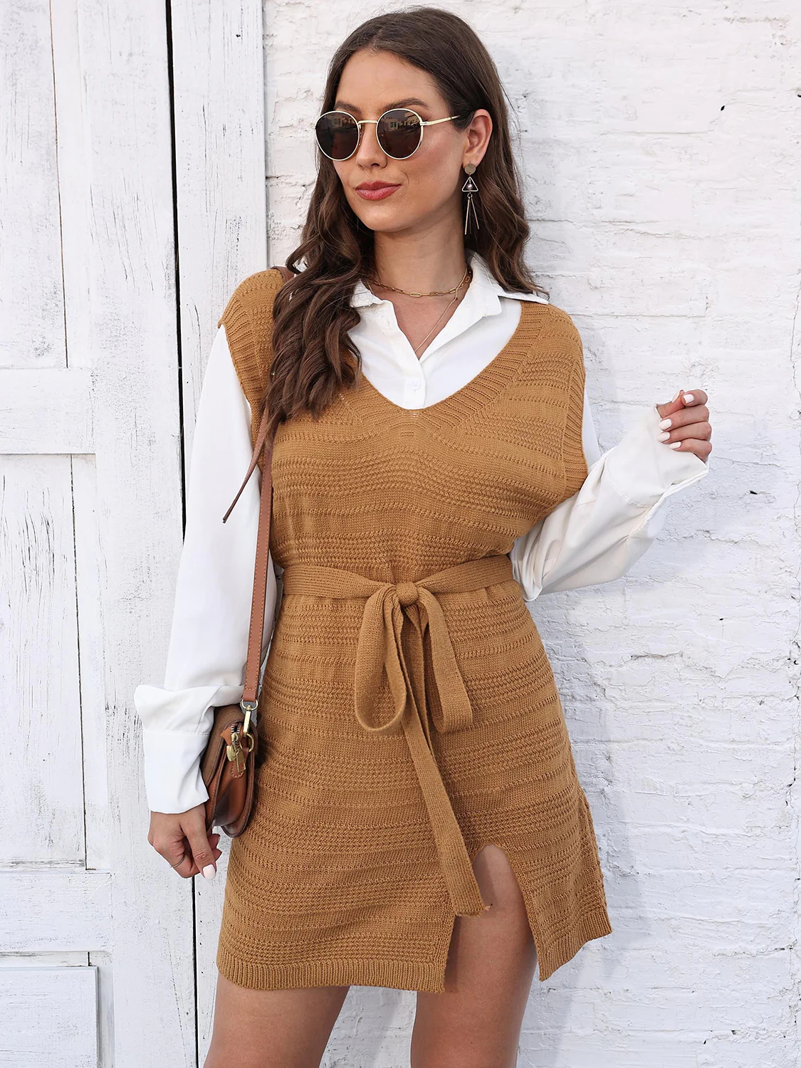Tie Front V-Neck Sleeveless Slit Sweater Dress - Image 3