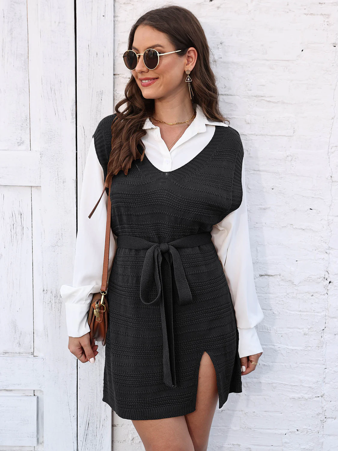 Tie Front V-Neck Sleeveless Slit Sweater Dress - Image 5