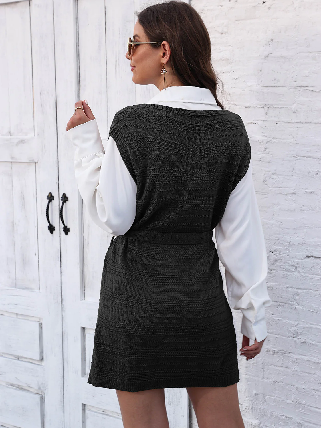 Tie Front V-Neck Sleeveless Slit Sweater Dress - Image 7