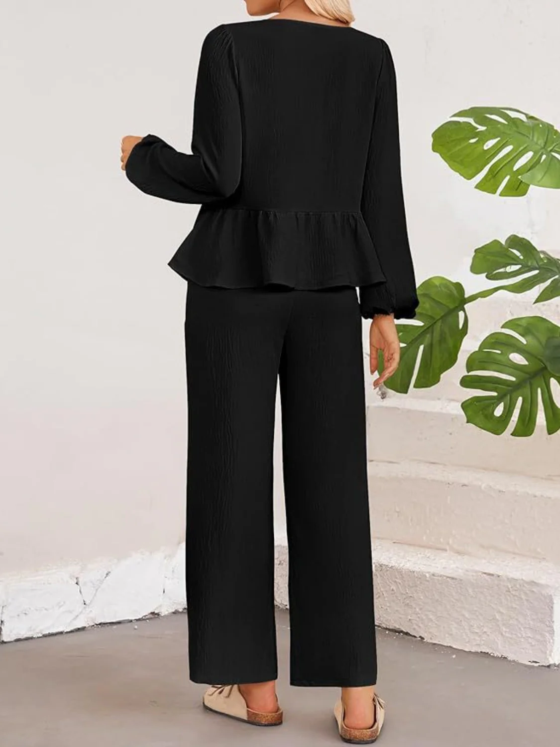 Tie Neck Balloon Sleeve Top and Pants Set - Image 11