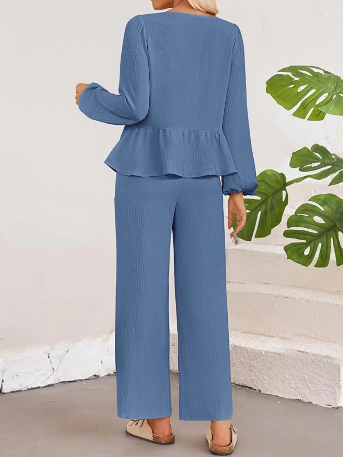 Tie Neck Balloon Sleeve Top and Pants Set - Image 14