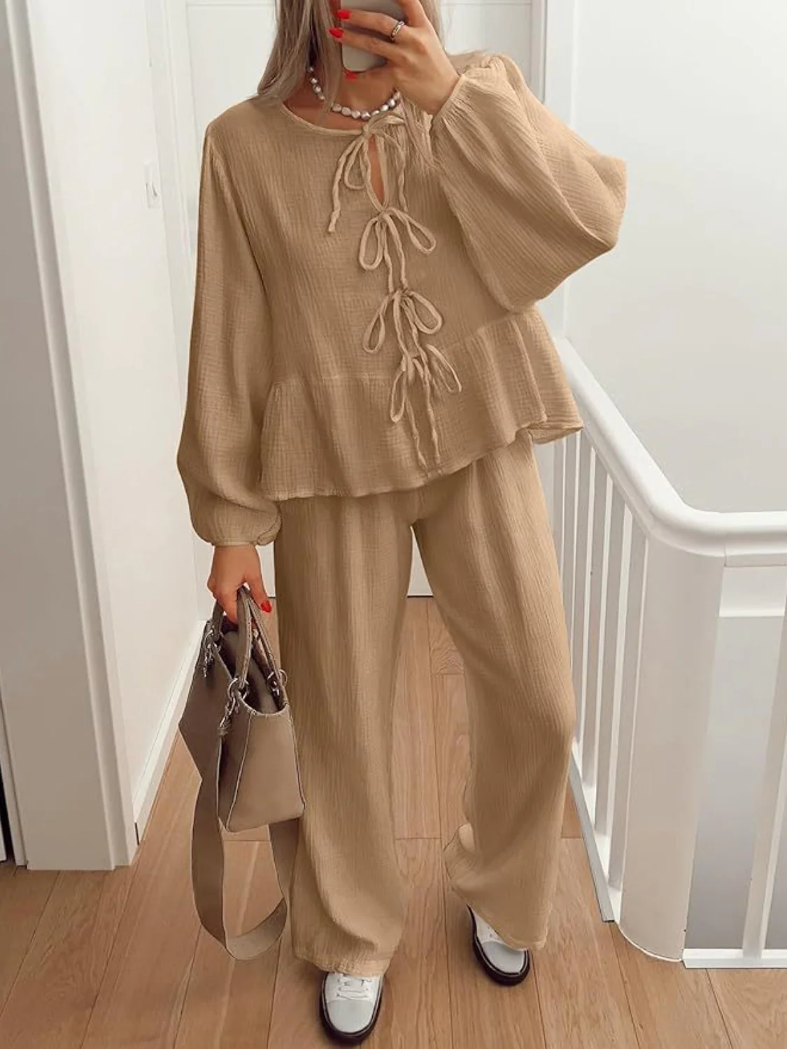 Tie Neck Balloon Sleeve Top and Pants Set - Image 6