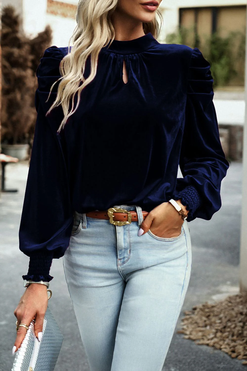 Tie Up Mock Neck Velvet Fabric Long Sleeve Blouse - Image 14