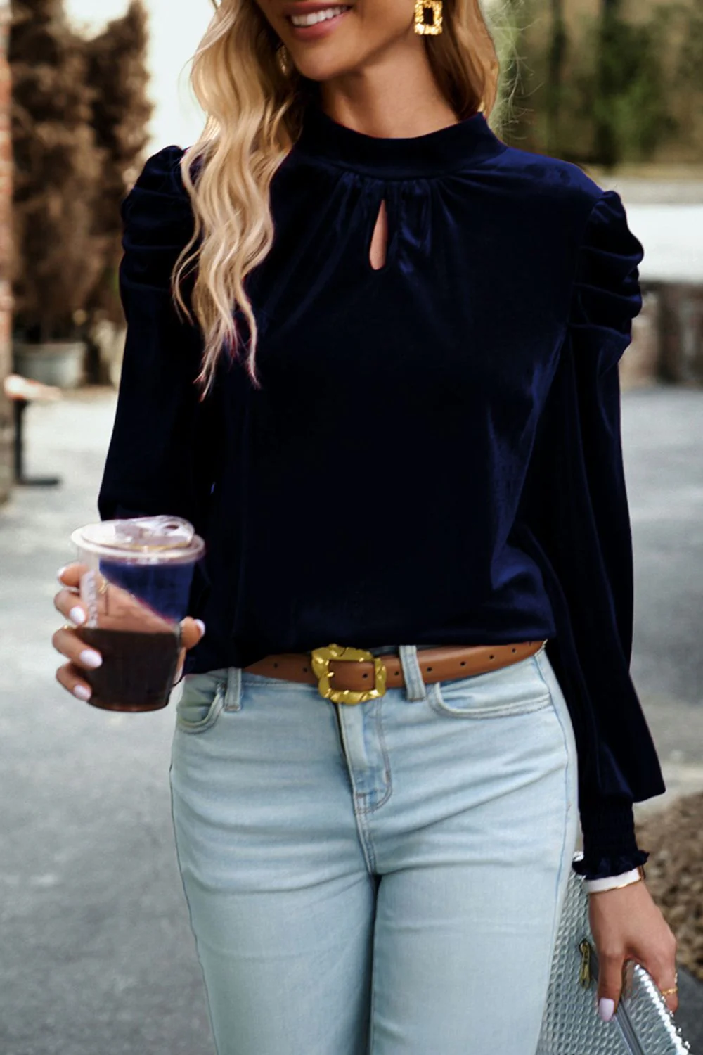 Tie Up Mock Neck Velvet Fabric Long Sleeve Blouse - Image 15