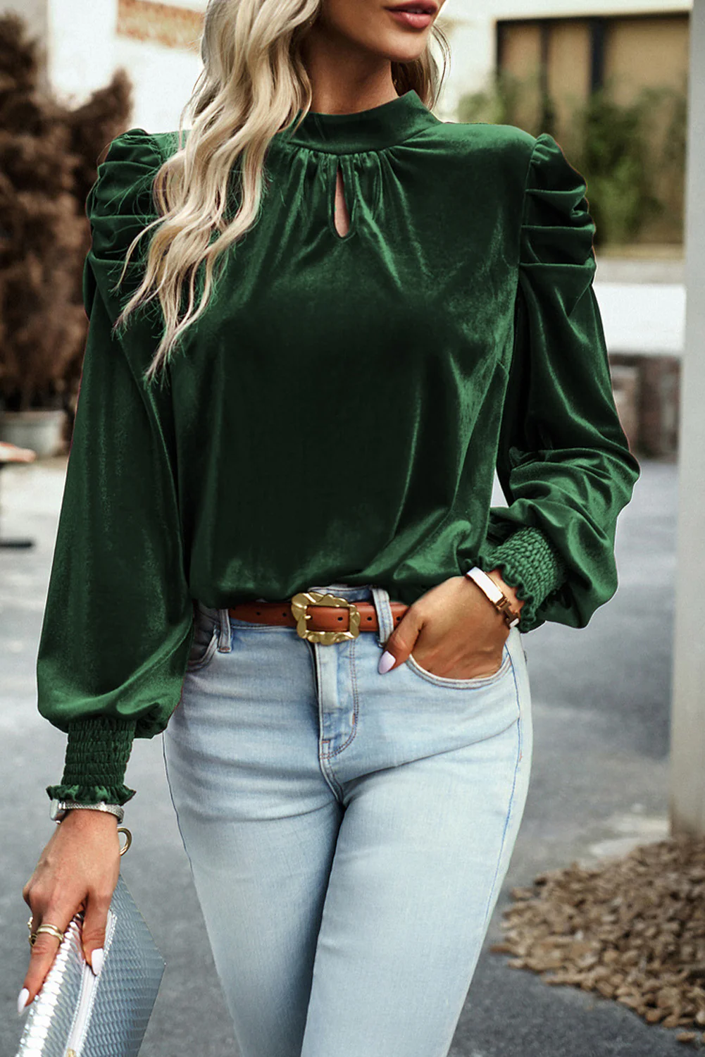 Tie Up Mock Neck Velvet Fabric Long Sleeve Blouse - Image 7
