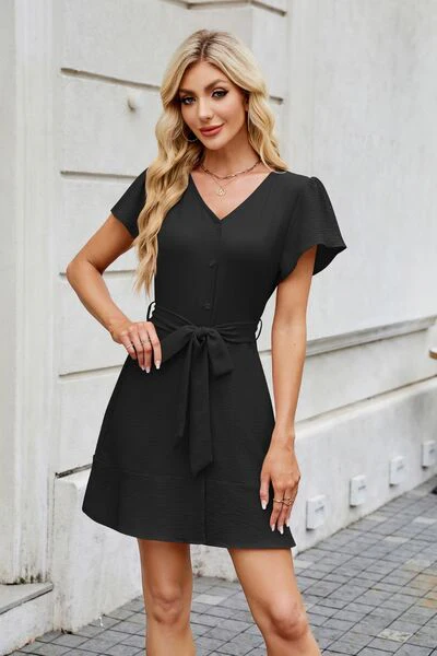 Tied Button Up Short Sleeve Mini Shirt Dress - Image 15