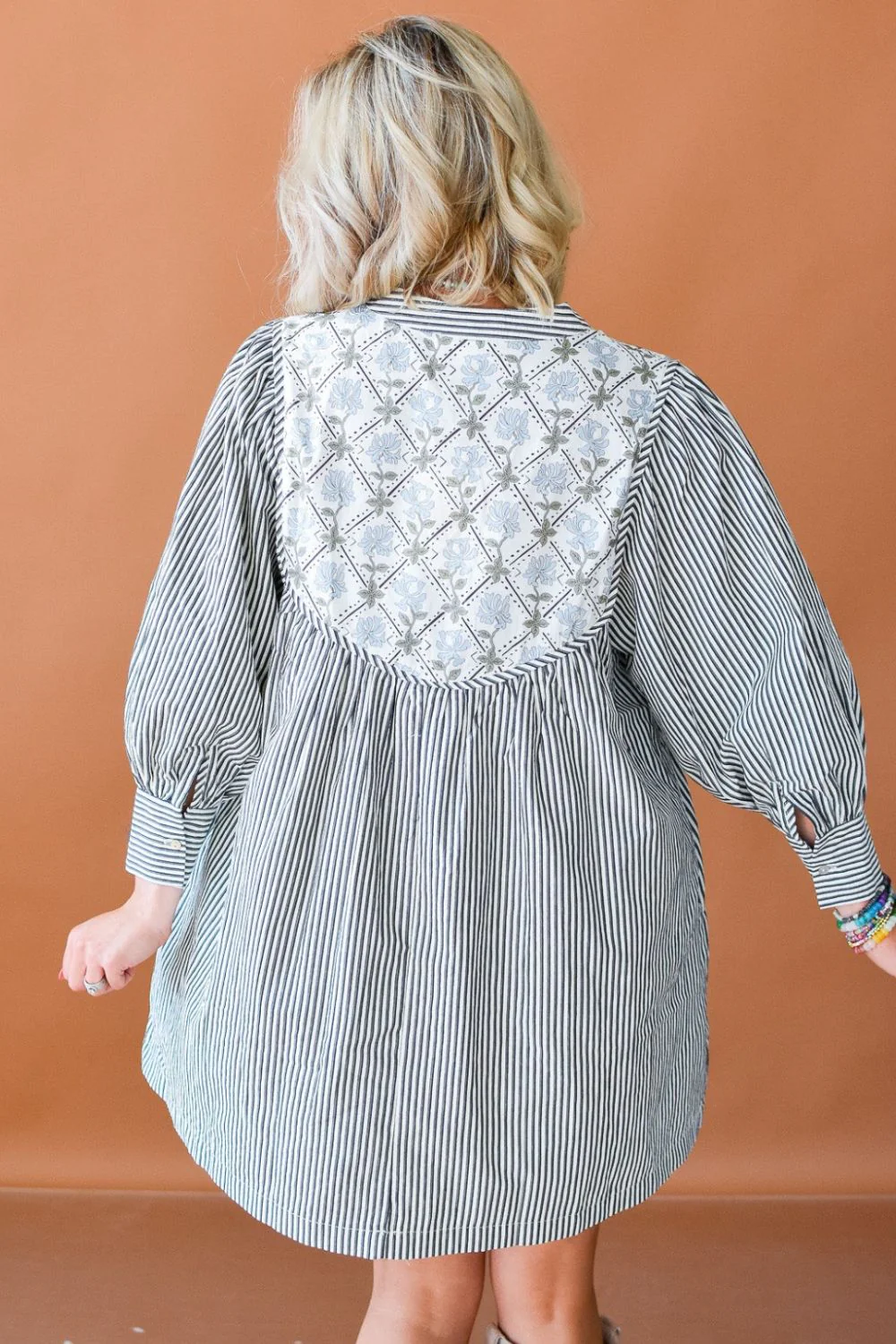 Tied Floral Printed Striped Long Sleeve Dress - Image 3