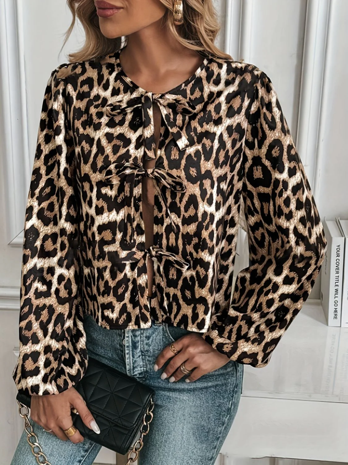 Tied Leopard Round Neck Long Sleeve Top - Image 3