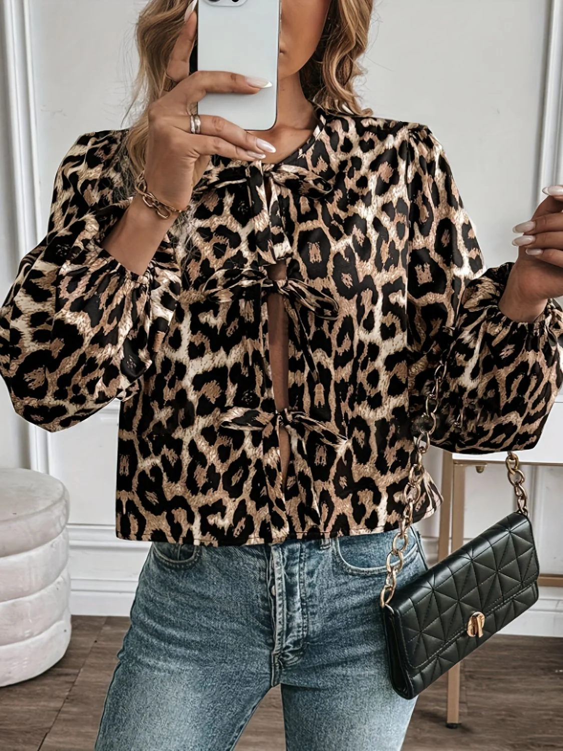 Tied Leopard Round Neck Long Sleeve Top - Image 4