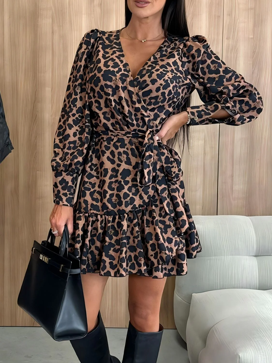 Tied Leopard Surplice Long Sleeve Dress - Image 3