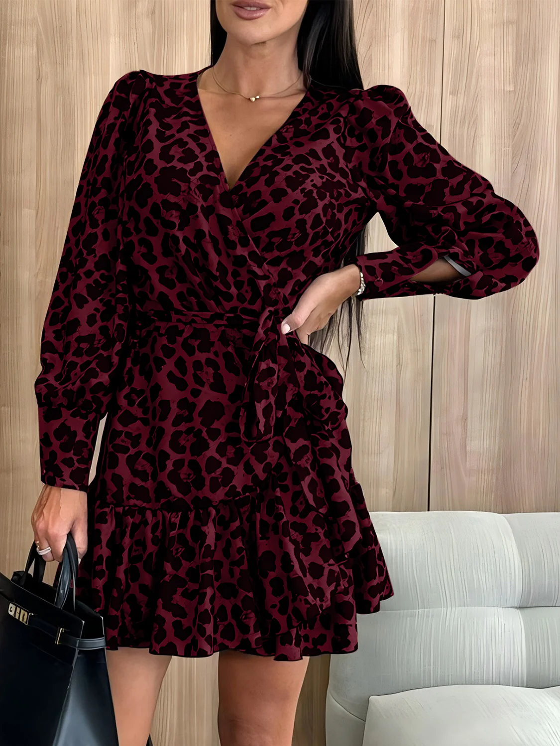 Tied Leopard Surplice Long Sleeve Dress - Image 5