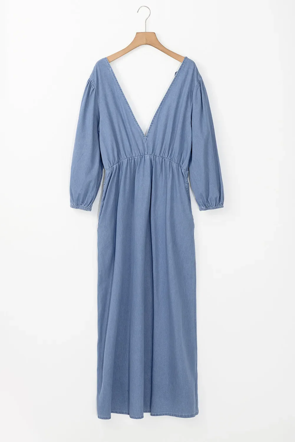 Tied Plunge Three-Quarter Sleeve Denim Dress - Image 3