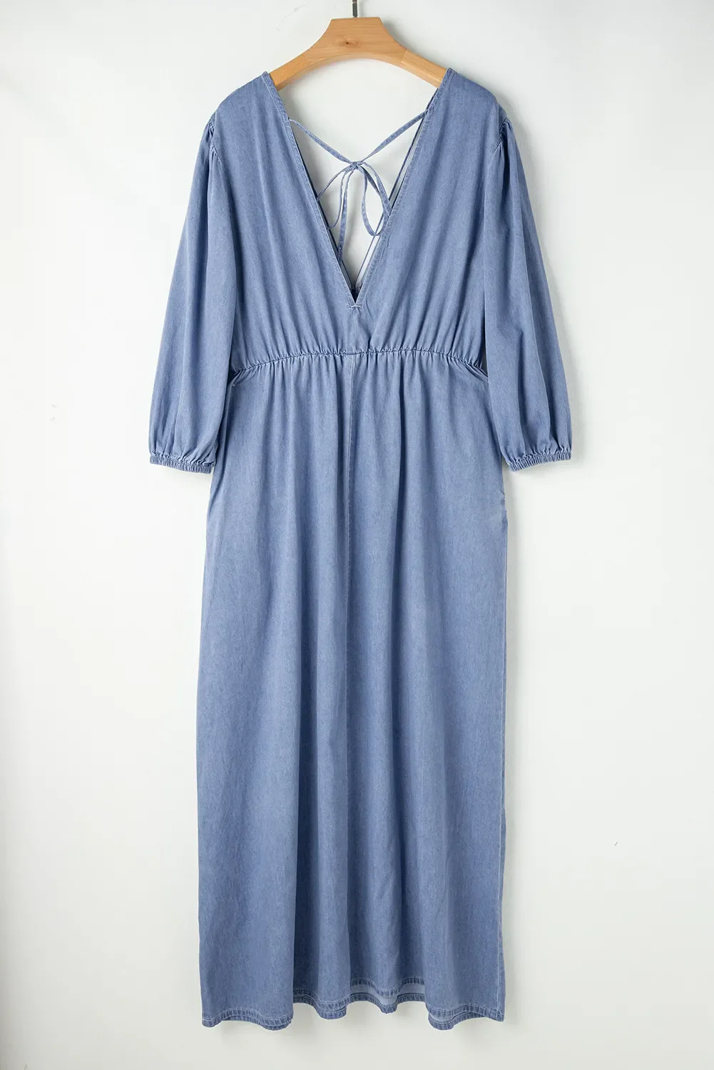Tied Plunge Three-Quarter Sleeve Denim Dress - Image 4