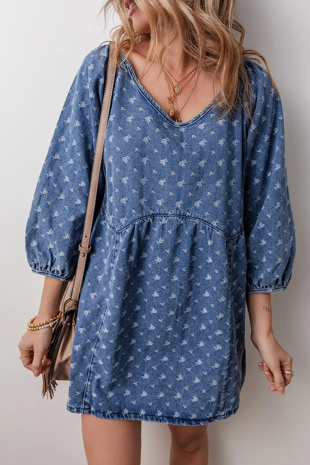 Tied V-Neck Mini Denim Dress - Image 2