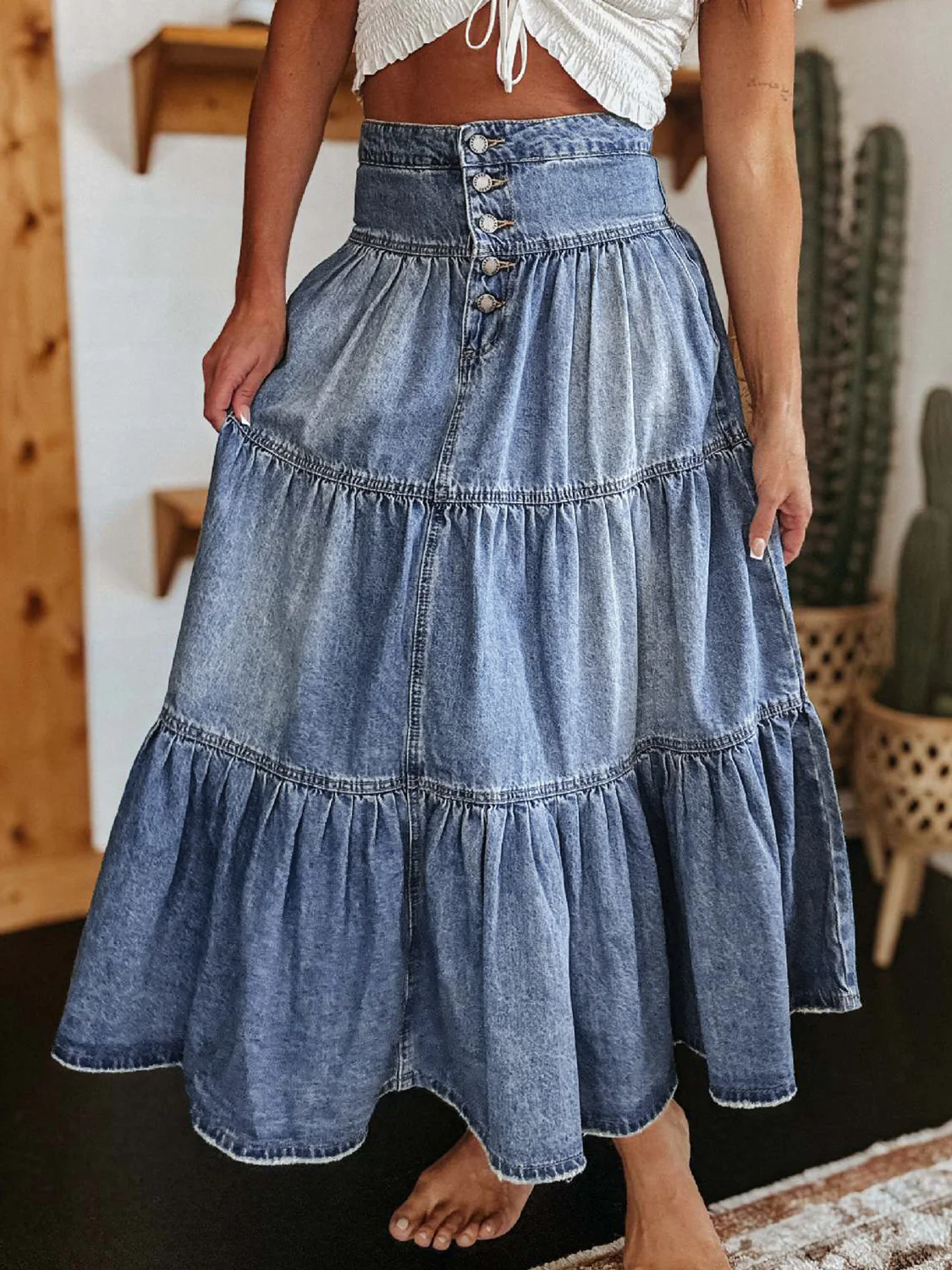 Tiered Button-Fly Denim Skirt - Image 3