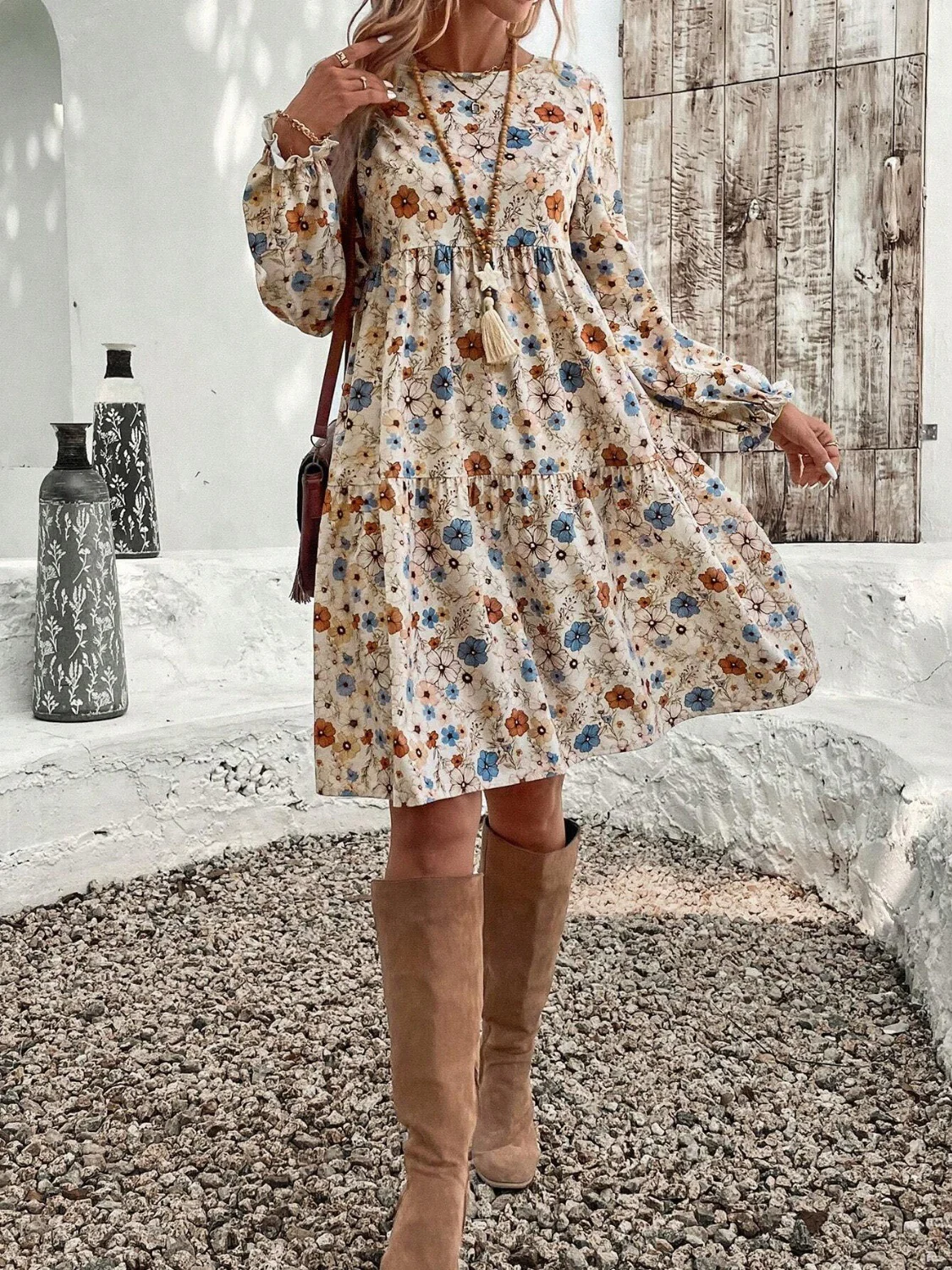 Tiered Floral Round Neck Long Sleeve Dress - Image 5