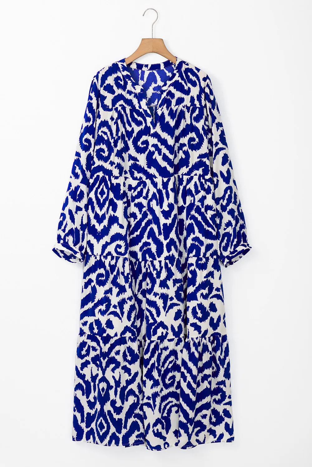 Tiered Printed Notched Long Sleeve Midi Dress - Image 5