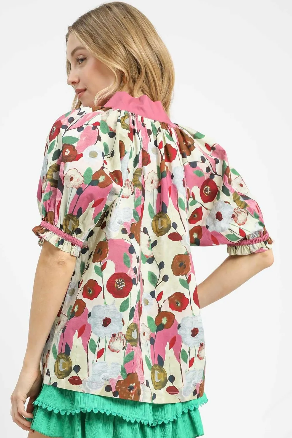 Umgee Floral Print Puff Sleeve Oversized Blouse - Image 3