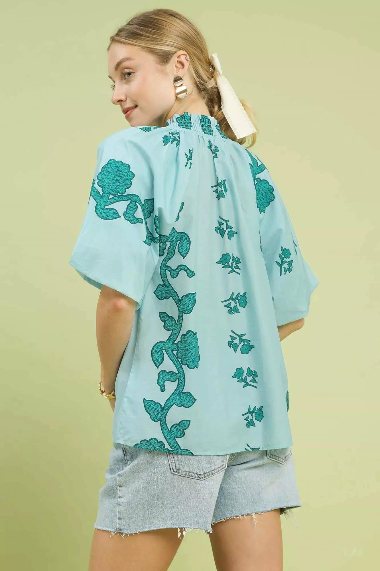 Umgee Floral Smocked Notched Puff Sleeve Blouse - Image 3