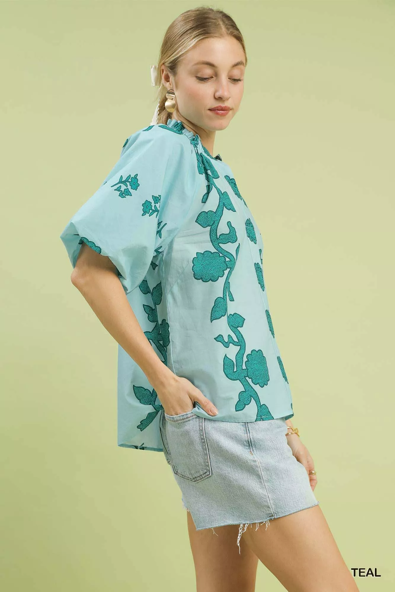 Umgee Floral Smocked Notched Puff Sleeve Blouse - Image 4