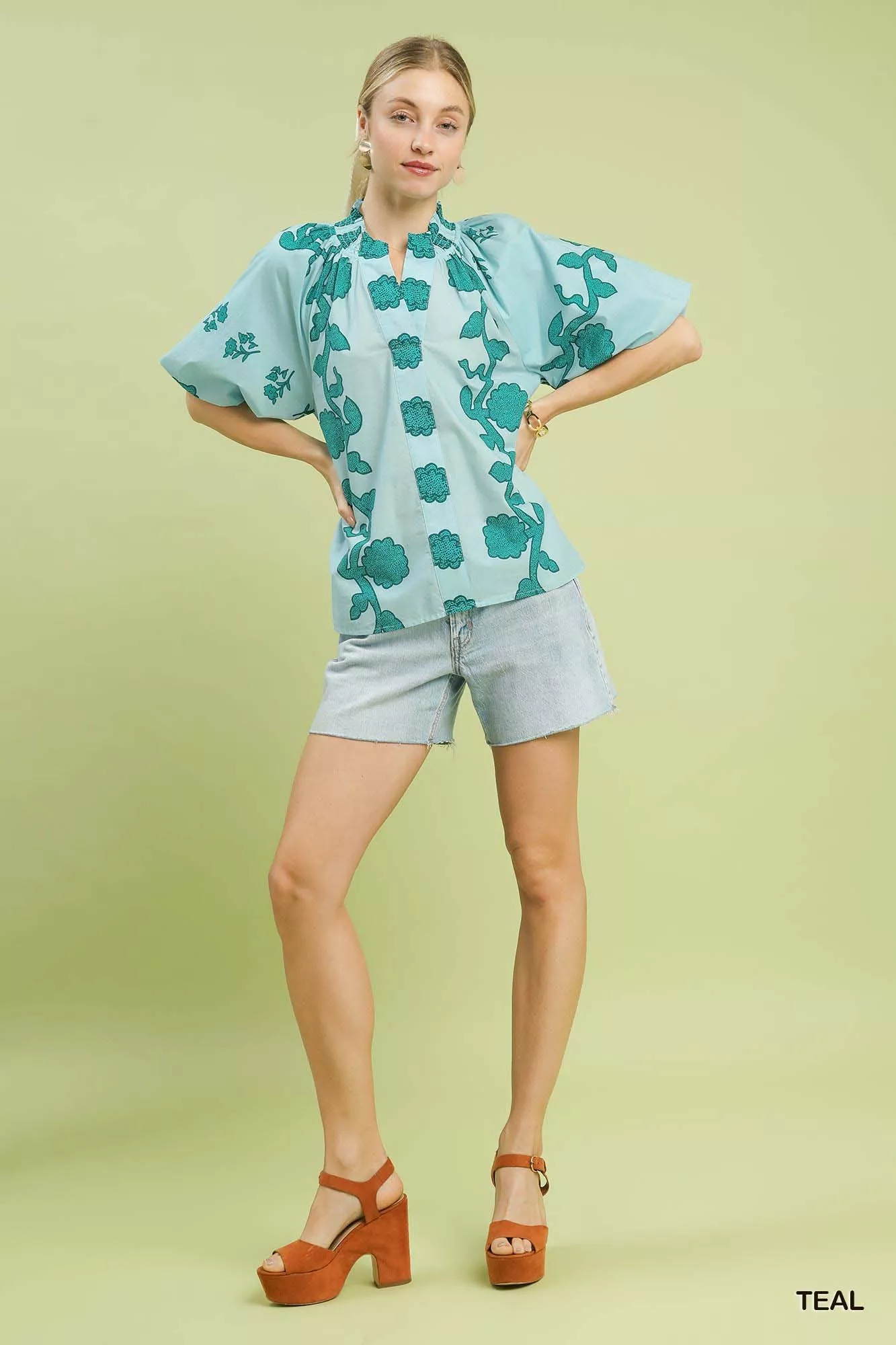 Umgee Floral Smocked Notched Puff Sleeve Blouse - Image 5