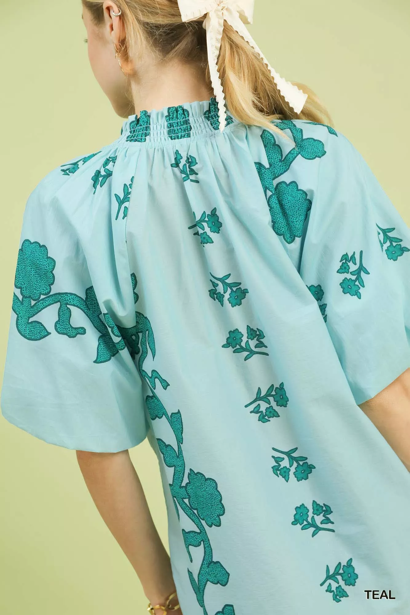 Umgee Floral Smocked Notched Puff Sleeve Blouse - Image 6