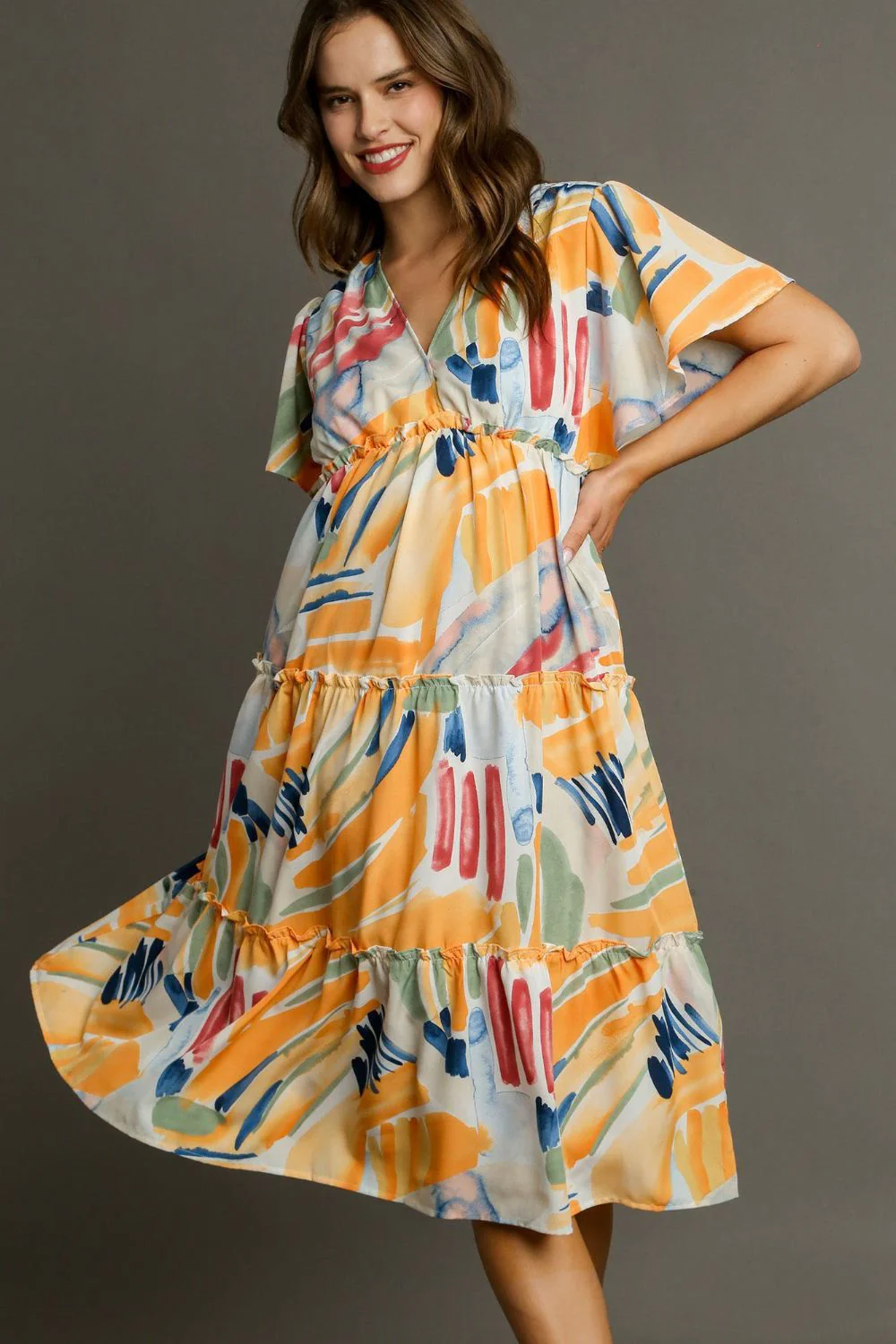 Umgee Full Size Abstract Print Flutter Sleeve Frill Tiered Midi Dress Plus Size