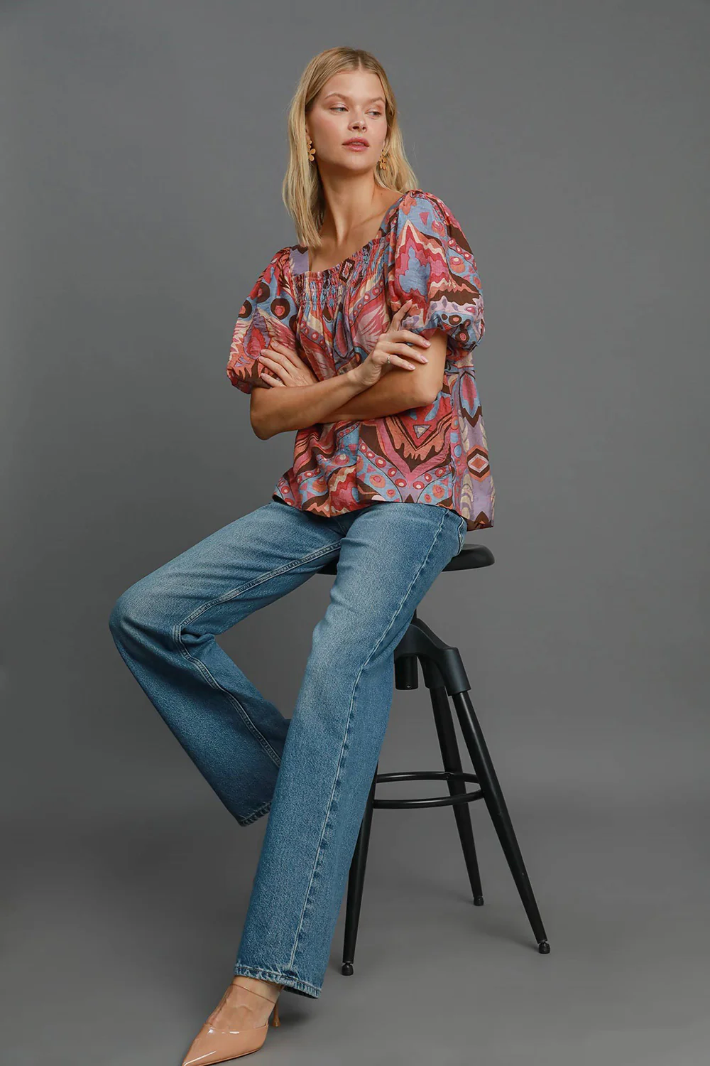Umgee Full Size Abstract Print Smocked Square Neck Puff Sleeve Blouse - Image 3