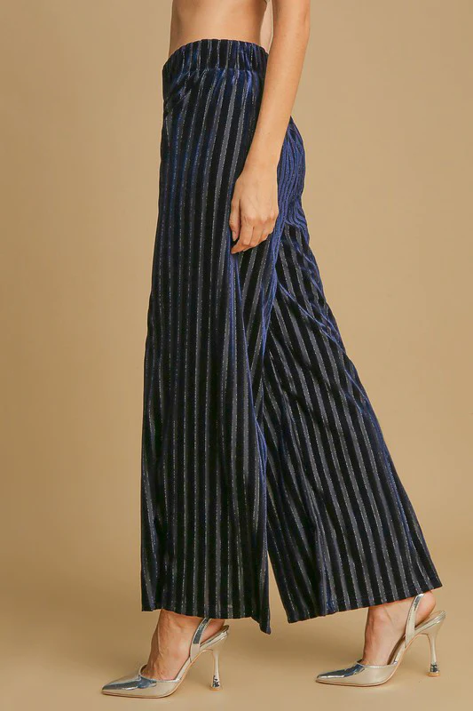 Umgee Full Size Elastic Waist Striped Wide Leg Velvet Pants - Image 3
