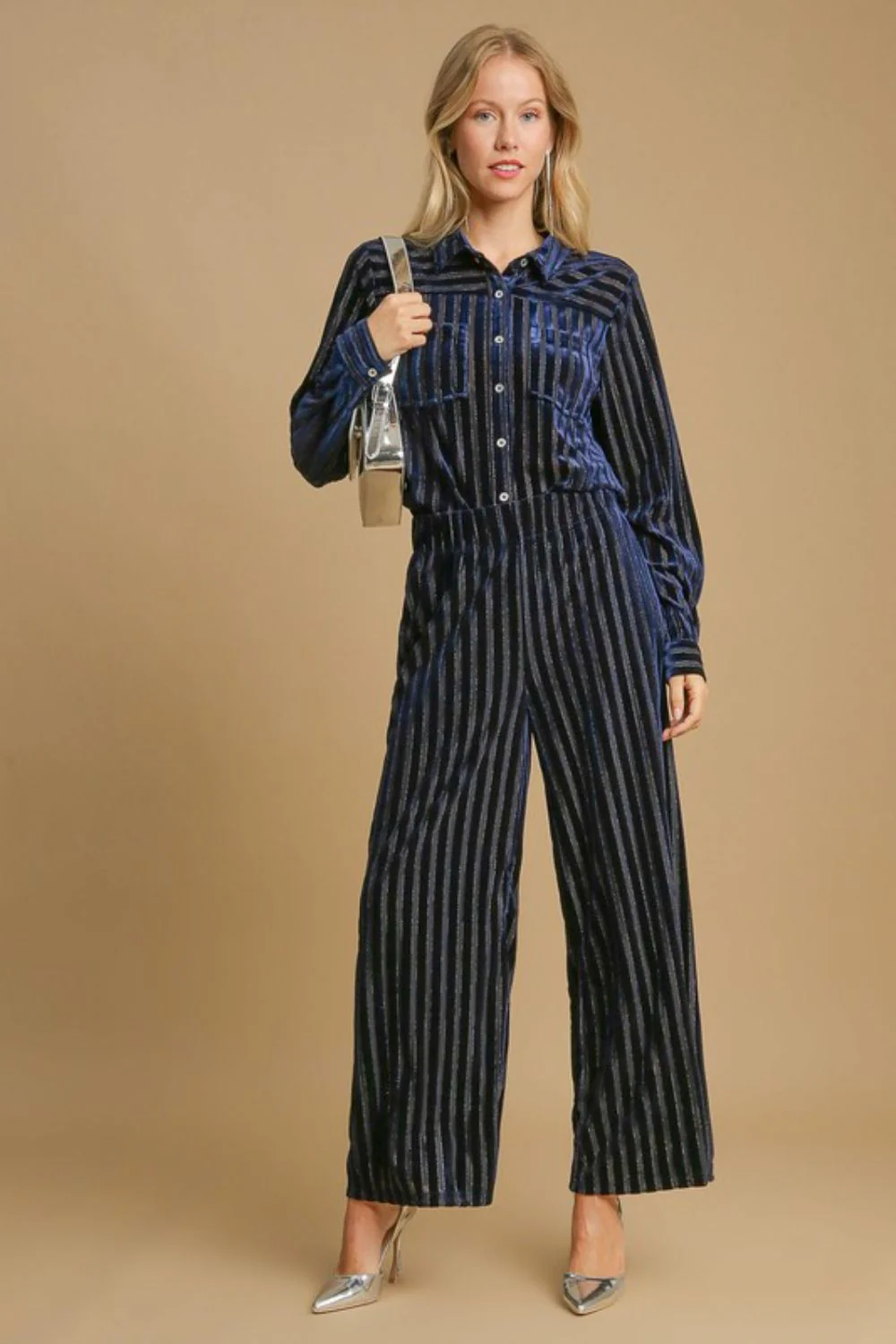 Umgee Full Size Elastic Waist Striped Wide Leg Velvet Pants - Image 4