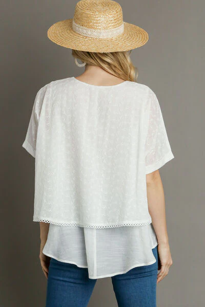 Umgee Full Size Eyelet Layered Short Sleeve Blouse Plus Size - Image 2