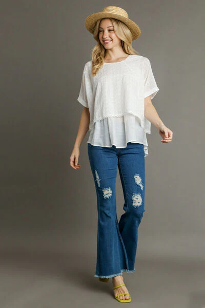 Umgee Full Size Eyelet Layered Short Sleeve Blouse Plus Size - Image 3