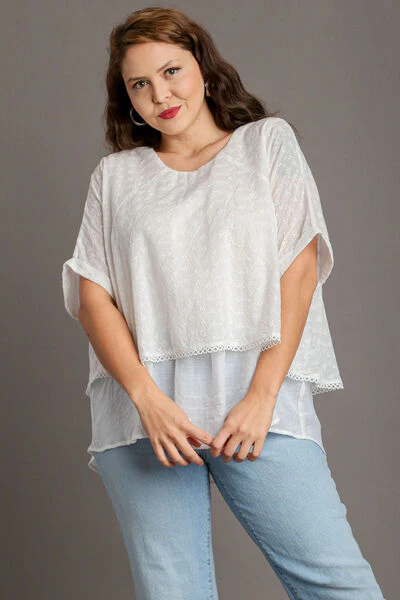 Umgee Full Size Eyelet Layered Short Sleeve Blouse Plus Size - Image 4