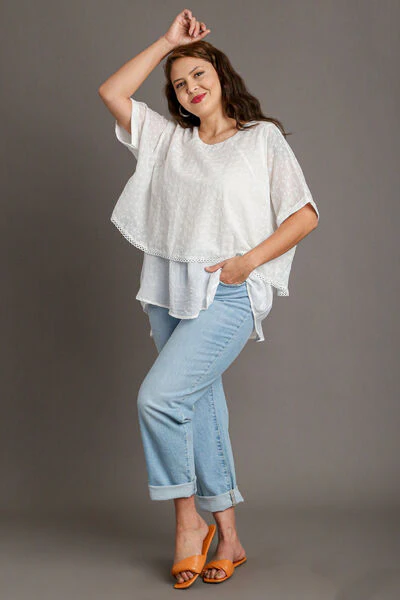 Umgee Full Size Eyelet Layered Short Sleeve Blouse Plus Size - Image 5