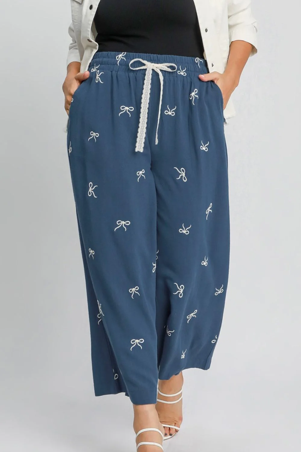 Umgee Full Size Lace Drawstring Embroidered Bow Wide Leg Pants Plus Size - Image 4