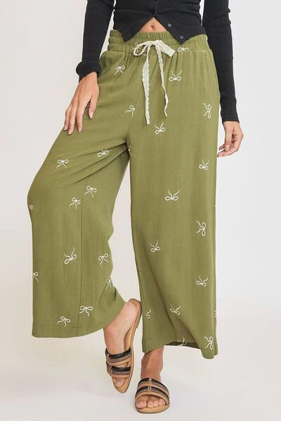 Umgee Full Size Lace Drawstring Embroidered Bow Wide Leg Pants Plus Size - Image 2