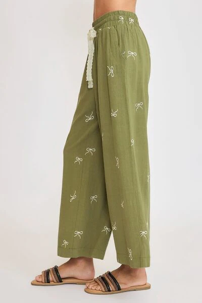 Umgee Full Size Lace Drawstring Embroidered Bow Wide Leg Pants Plus Size - Image 4