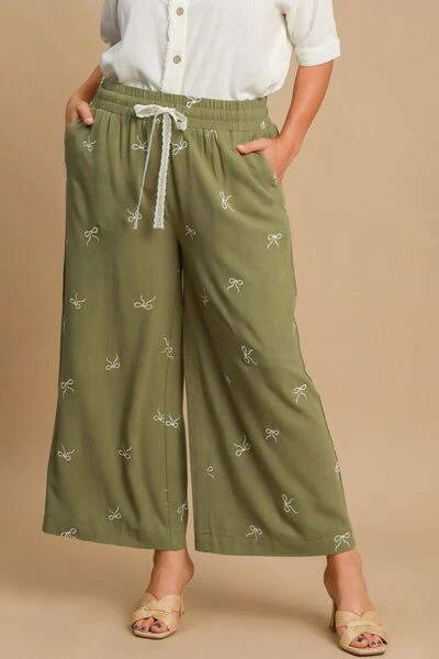 Umgee Full Size Lace Drawstring Embroidered Bow Wide Leg Pants Plus Size - Image 5