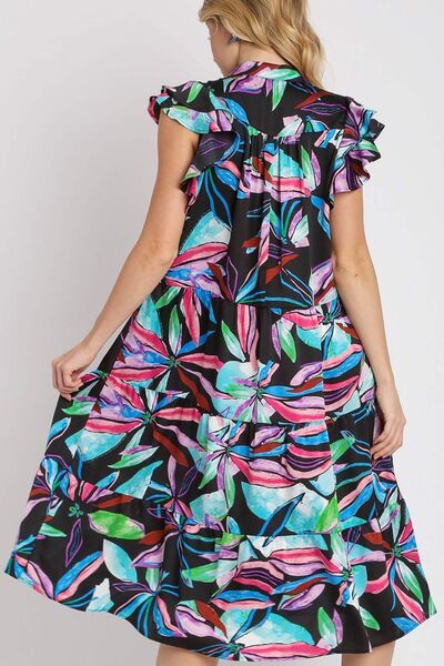 Umgee Full Size Leaf Print Double Layered Ruffle Sleeve Tiered Midi Dress Plus Size - Image 4