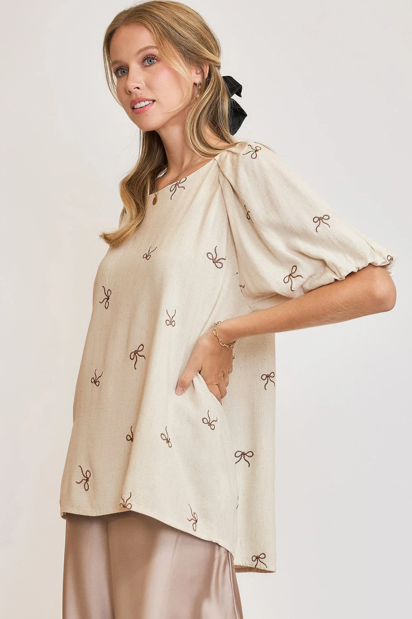 Umgee Full Size Linen Blend Ribbon Embroidered Top Plus Size - Image 2