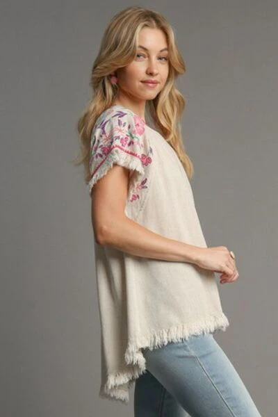 Umgee Full Size Linen Round Neck High Low Hem Frayed Top Plus Size - Image 3
