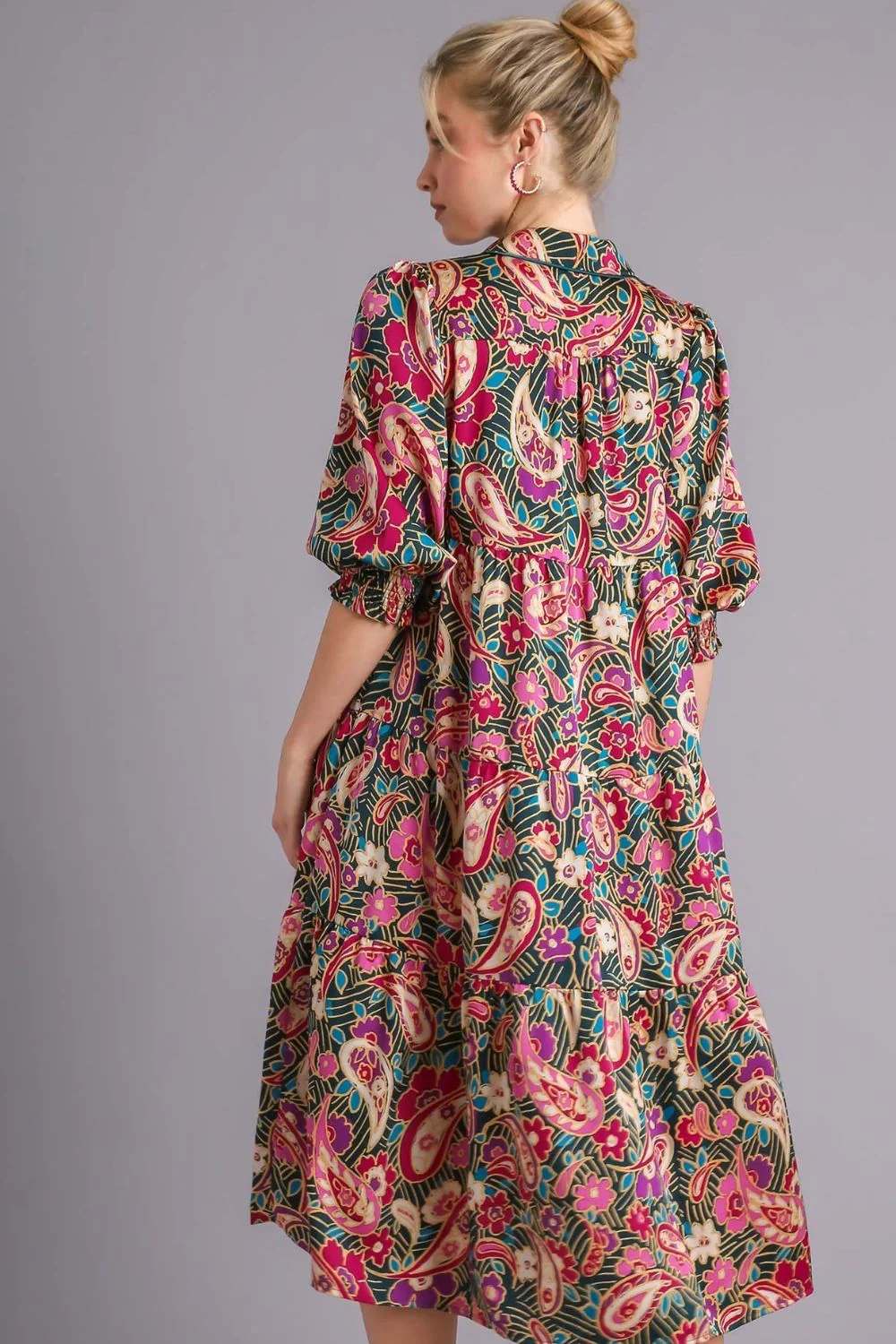 Umgee Full Size Paisley Print Satin Tiered Midi Dress Plus Size - Image 2