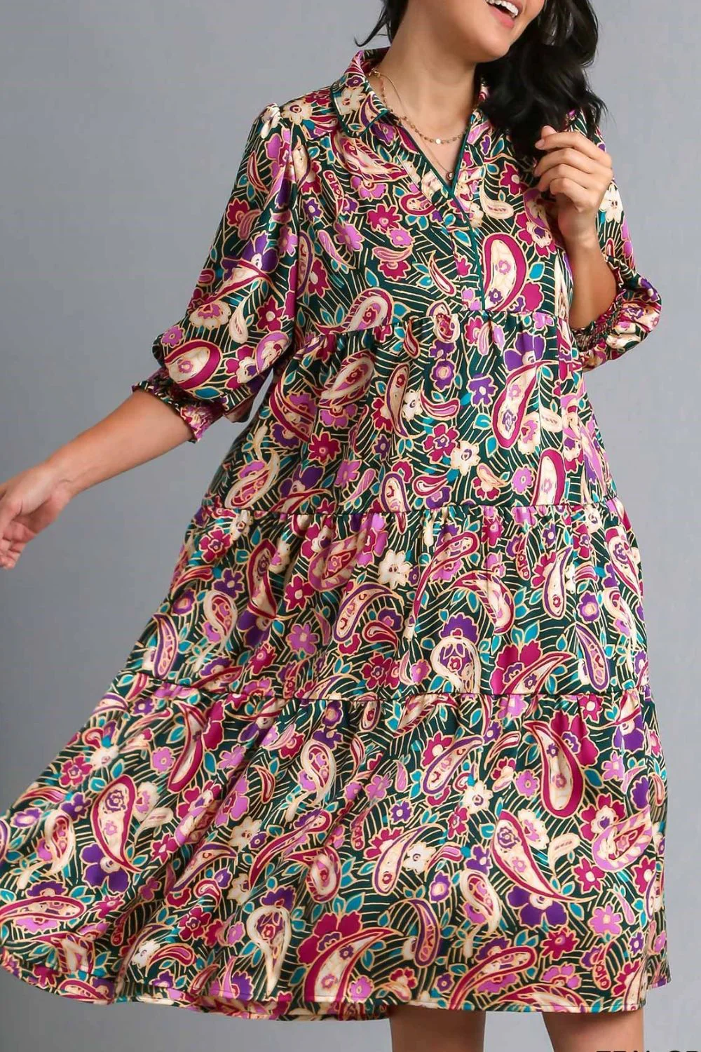Umgee Full Size Paisley Print Satin Tiered Midi Dress Plus Size - Image 5
