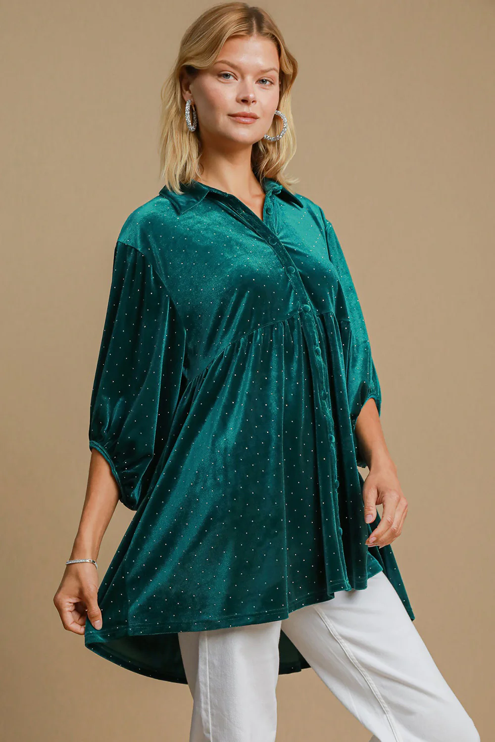 Umgee Full Size Polka Dot Collared Neck Button Up Shirt - Image 3