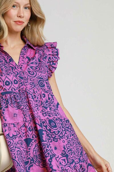 Umgee Full Size Printed Ruffle Cap Sleeve Babydoll Dress Plus Size - Image 2