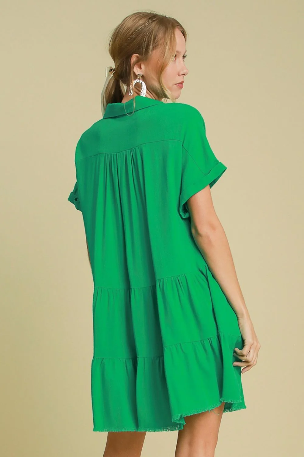 Umgee Full Size Raw Hem Folded Sleeve Tiered Dress Plus Size - Image 2