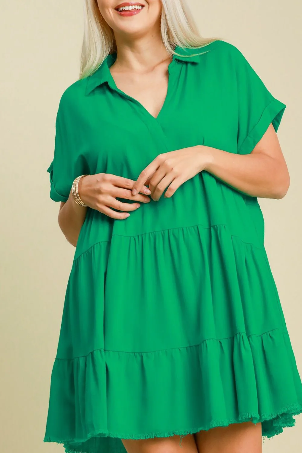 Umgee Full Size Raw Hem Folded Sleeve Tiered Dress Plus Size - Image 3
