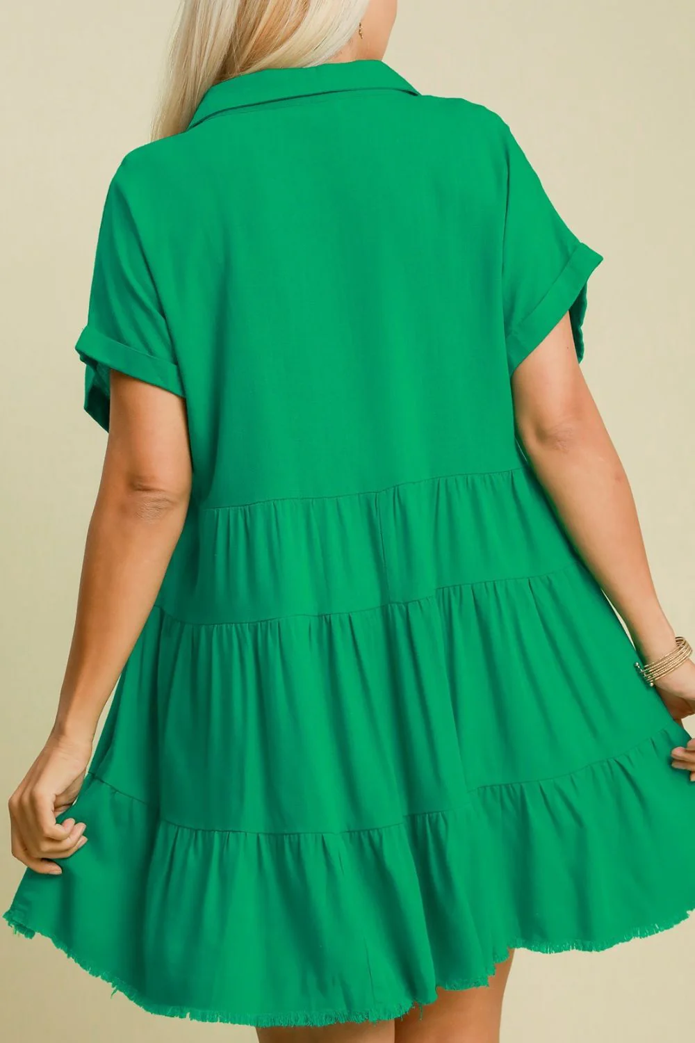 Umgee Full Size Raw Hem Folded Sleeve Tiered Dress Plus Size - Image 4