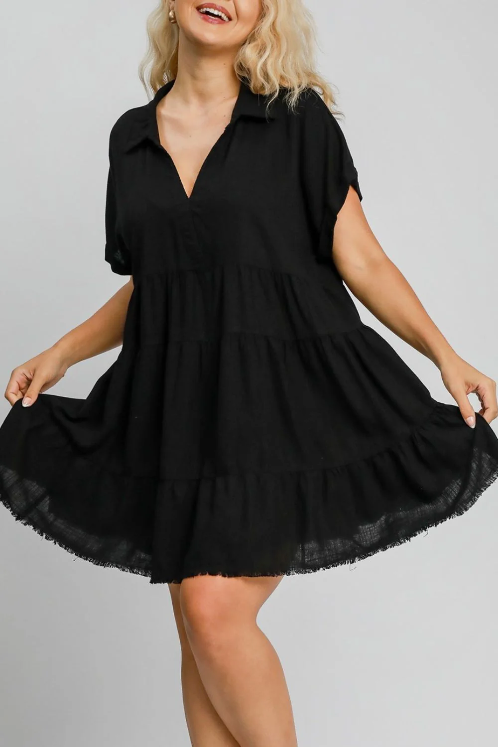 Umgee Full Size Raw Hem Folded Sleeve Tiered Dress Plus Size - Image 2